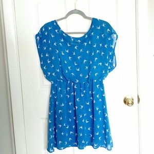 Forever 21 Bird Print Dress Bkue White Medium
